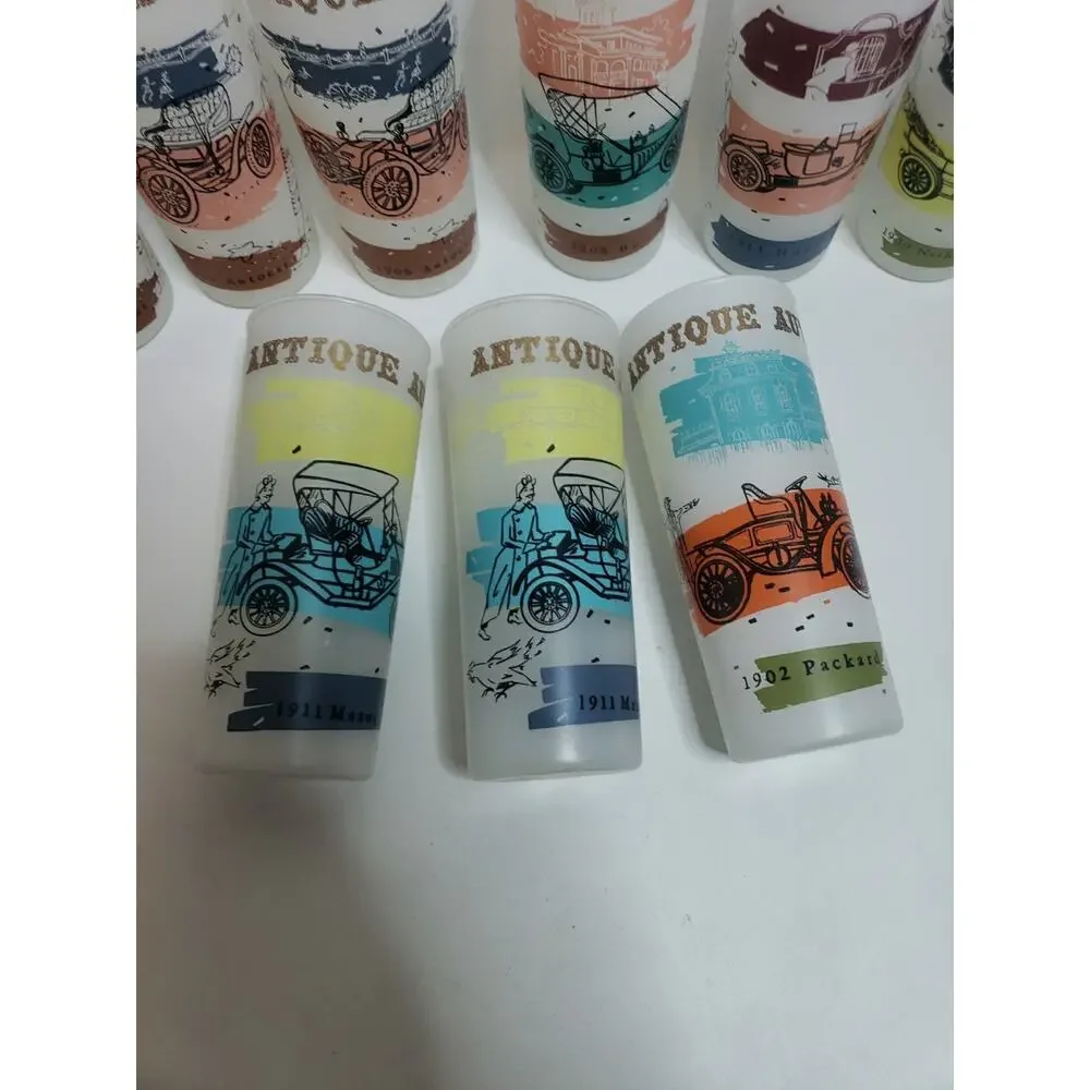 LOT OF 11 Autos cars Frosted Glasses Tumblers Vintage Highball MCM 60s Packard